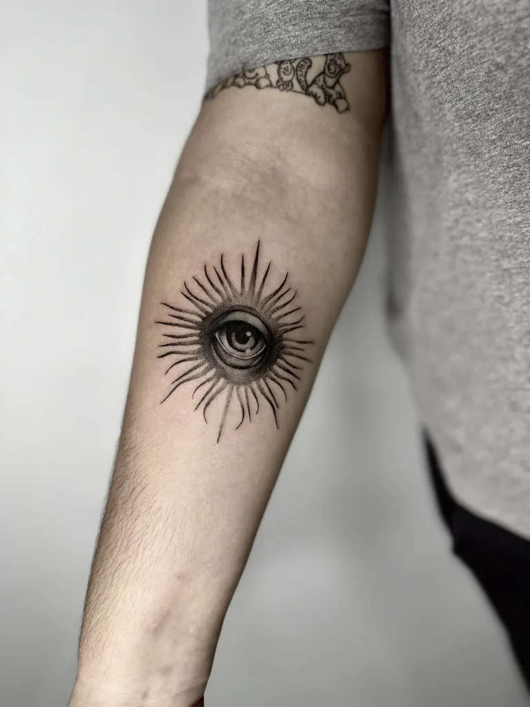 Trabajo en Dotwork sobre un ojo dentro de un sol.